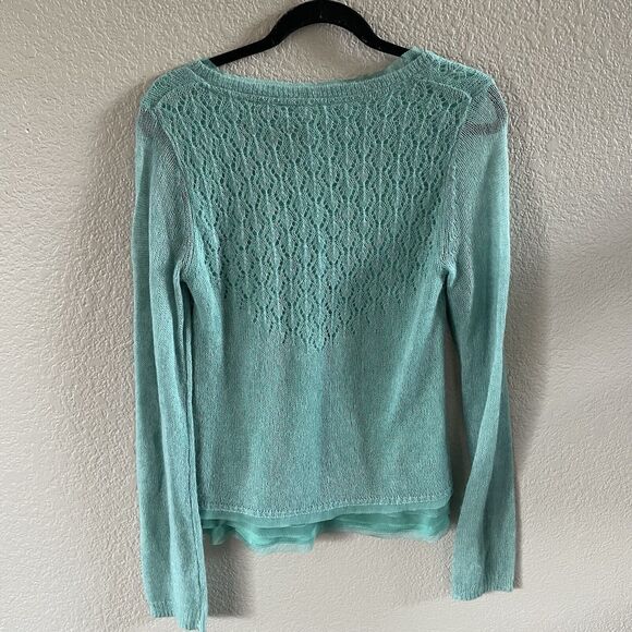 Anthropologie Knitted & Knotted Irina Sweater Medium Green Alpaca Sheer Hem Boho - Picture 3 of 11